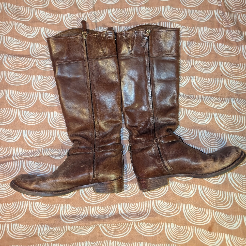 Tory Burch Women's Coconut Brown Leather MARLENE Riding Boot Sz 7.5 M Logo - Picture 4 of 15